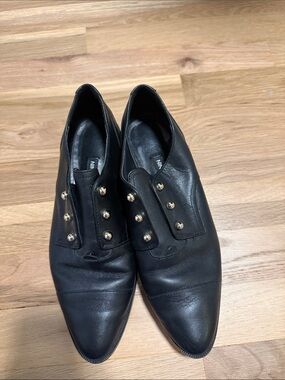 Nine West Black Leather Oxfords with Gold Button Accents